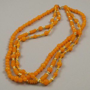 Vintage Three Strand Necklace Orange or Butterscotch Beads w/ Gold Tone Spacers